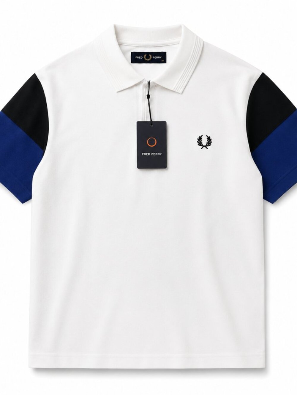 Fred Perry Men’s White Colorblock Polo Shirt Blue Black Sleeve NWT